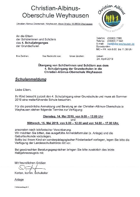 Schulanmeldung – Christian Albinus Oberschule Weyhausen