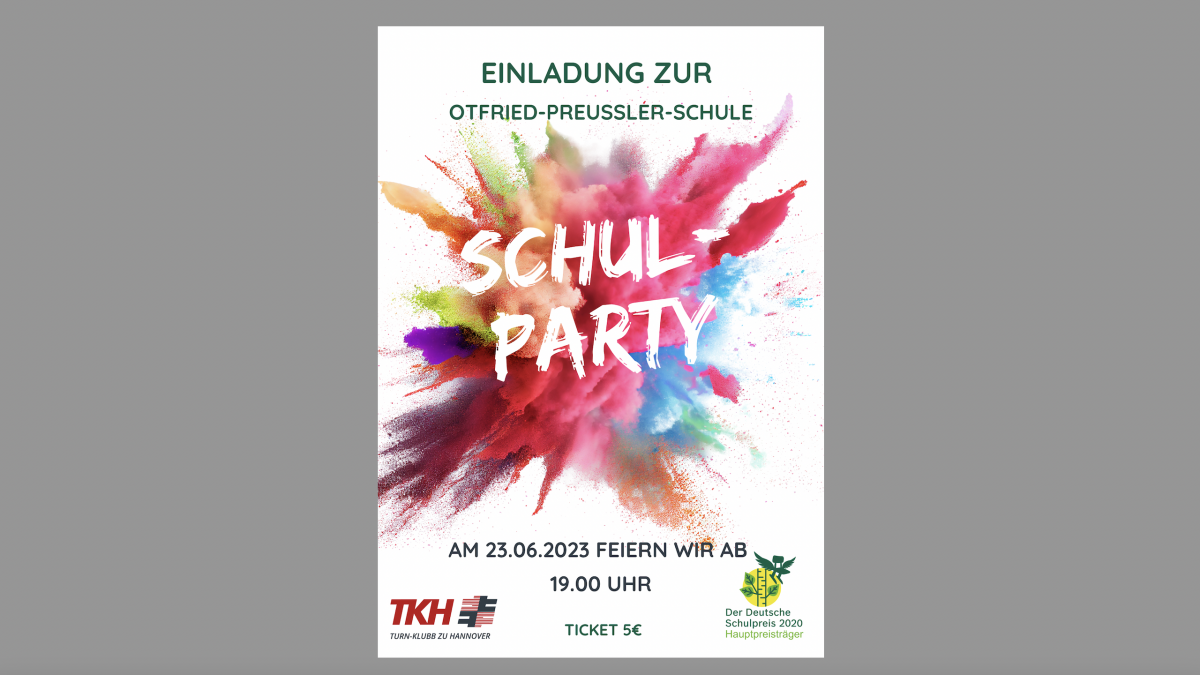 Einladung zur Schulparty am 23 06 2023 Otfried Preußler Schule