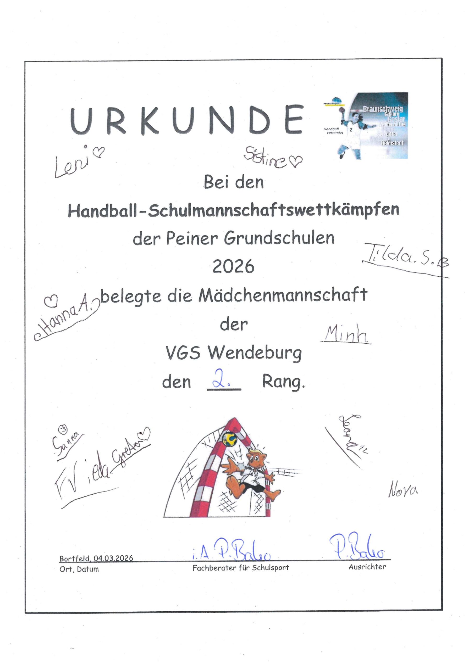 Handball-Urkunde der Mädchen